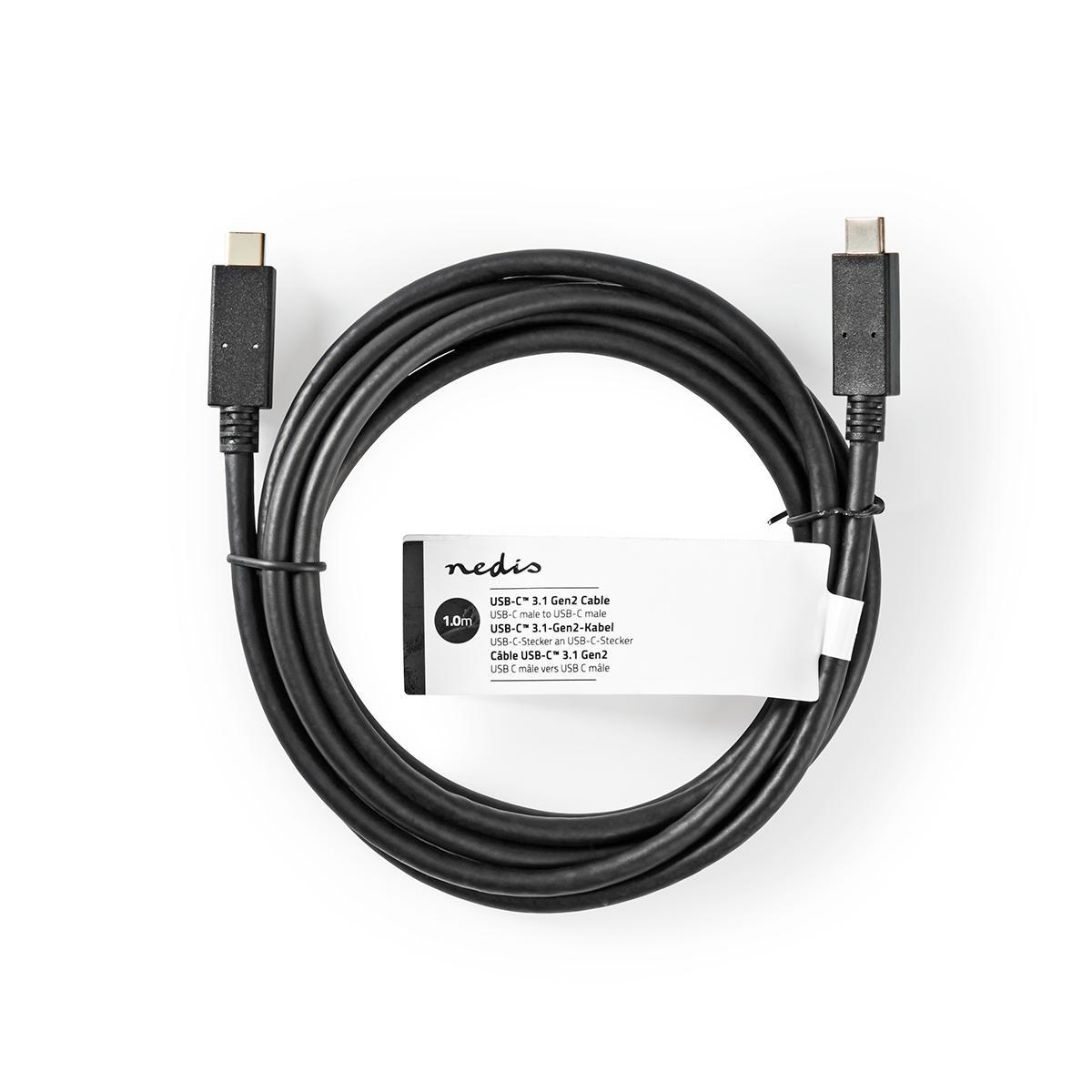 Cable USB-C negro con dos conectores y una etiqueta blanca. Está sobre un fondo blanco.