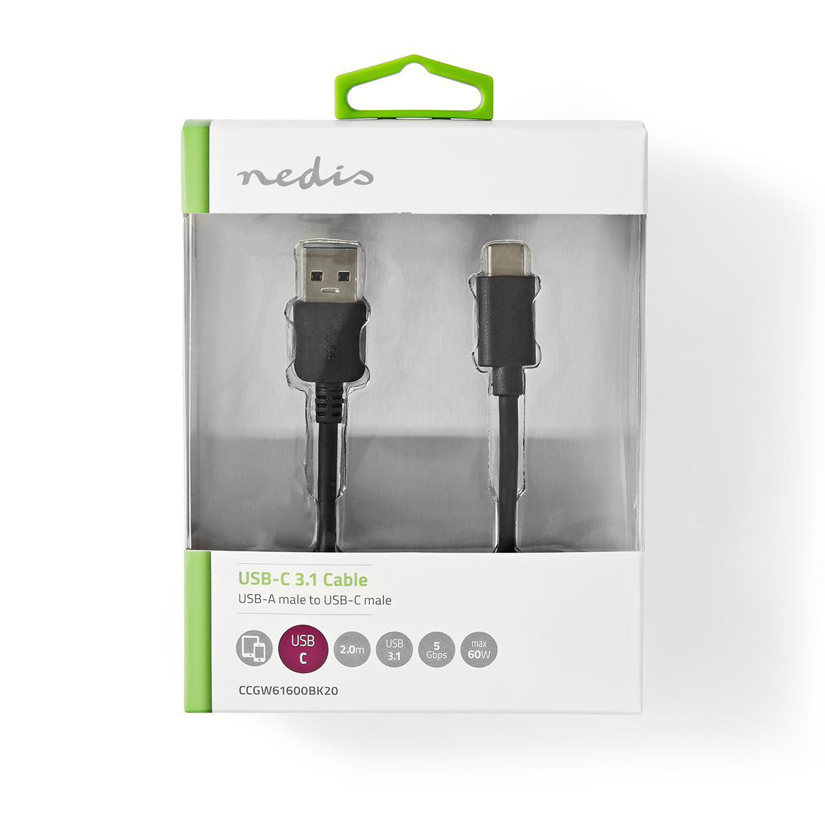 Emballage blanc et vert pour un câble USB-C 3.1. Le câble est noir.