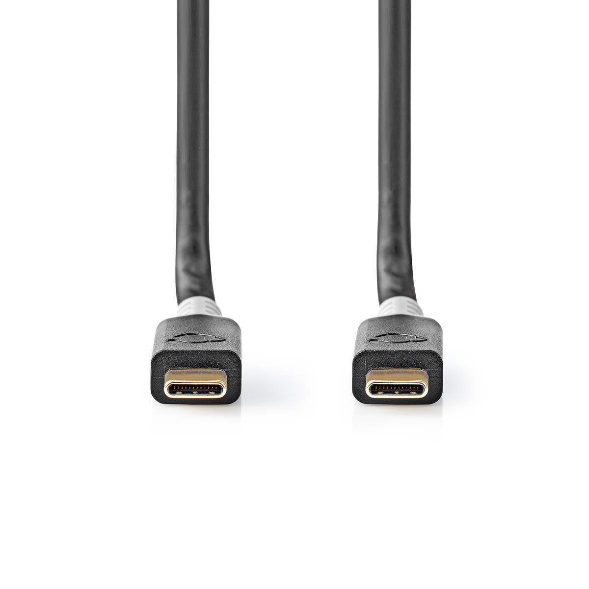 Due cavi USB-C neri con connettori rivolti in avanti su sfondo bianco.