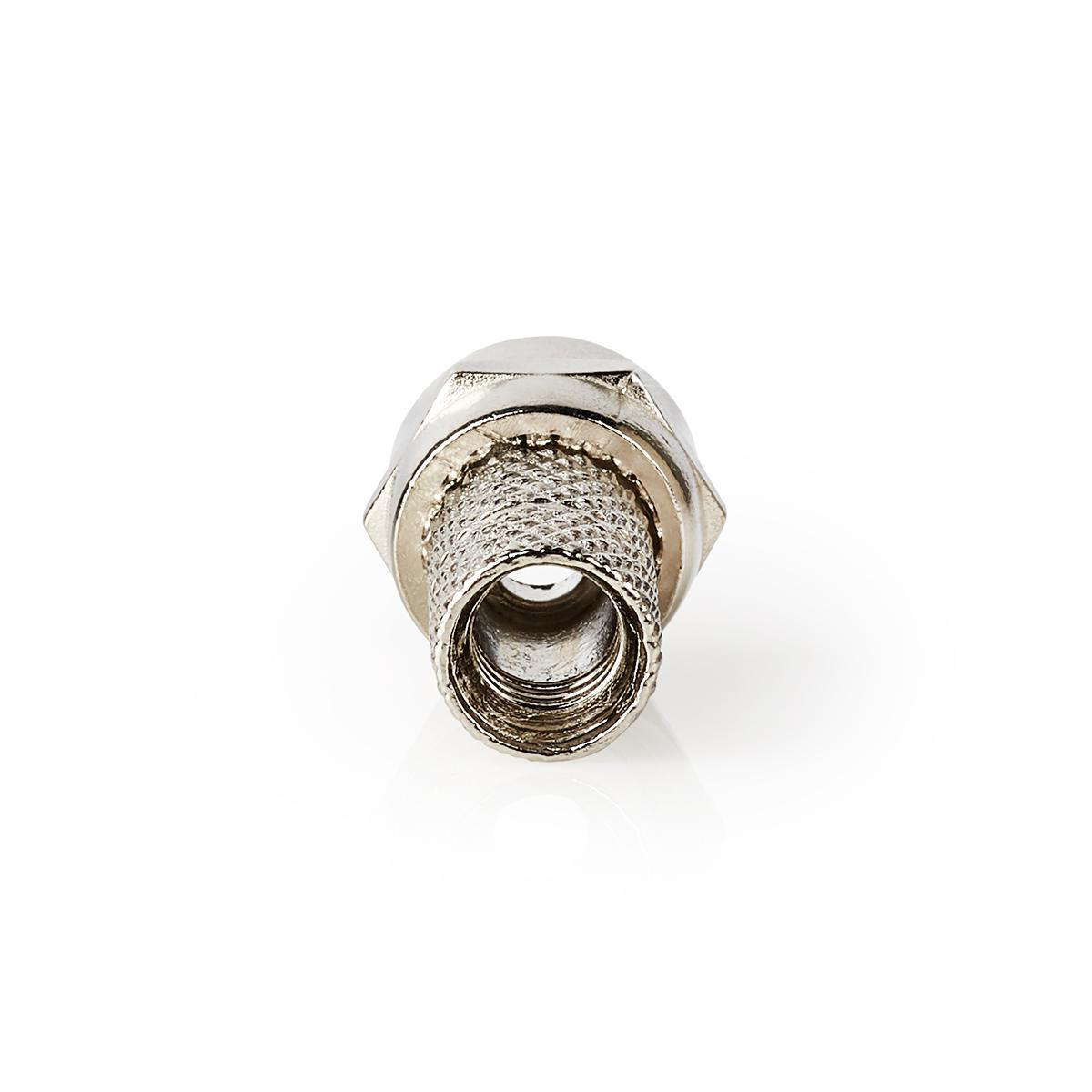 Silberfarbener Metallverbinder mit sechseckiger Form, von vorne auf weißer Oberfläche betrachtet.