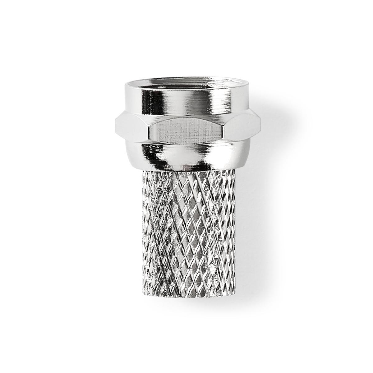 Close-up van een metallic zilveren coaxkabelconnector op een witte achtergrond.