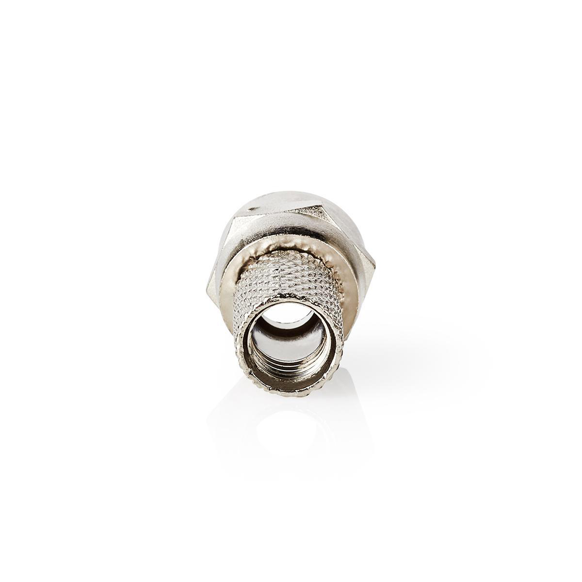 Een metalen connector. Hij is zilverkleurig en heeft een schroefdraadeinde.
