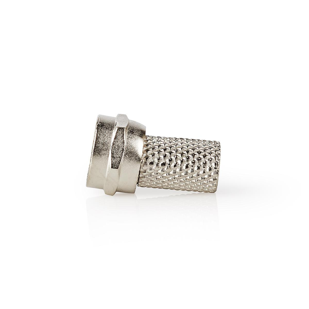 Een zilveren tv-antenneconnector, geïsoleerd op een witte achtergrond.