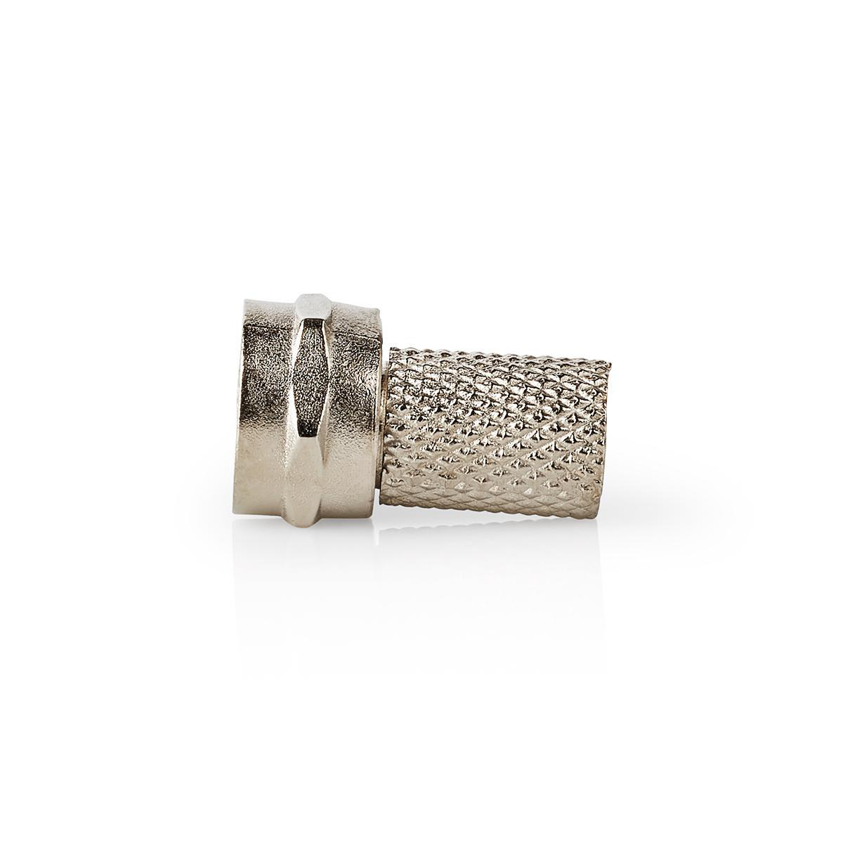 Een zilveren connector met een getextureerd uiteinde. Witte achtergrond. Close-up.