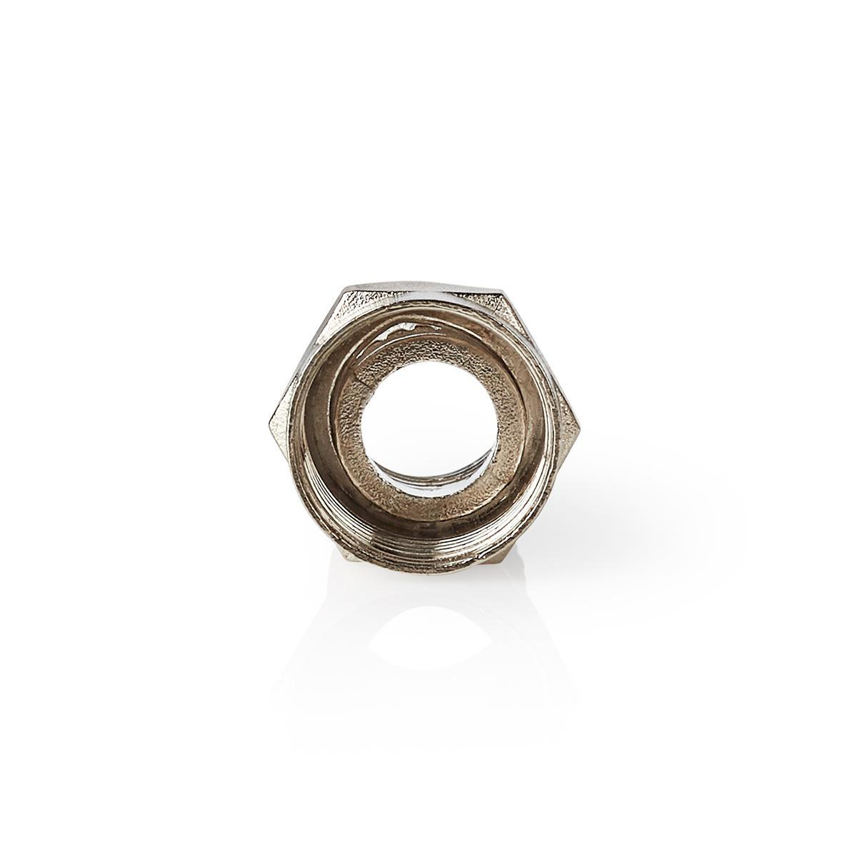 Zeshoekige metalen fitting met interne schroefdraad, van bovenaf bekeken. Witte achtergrond.