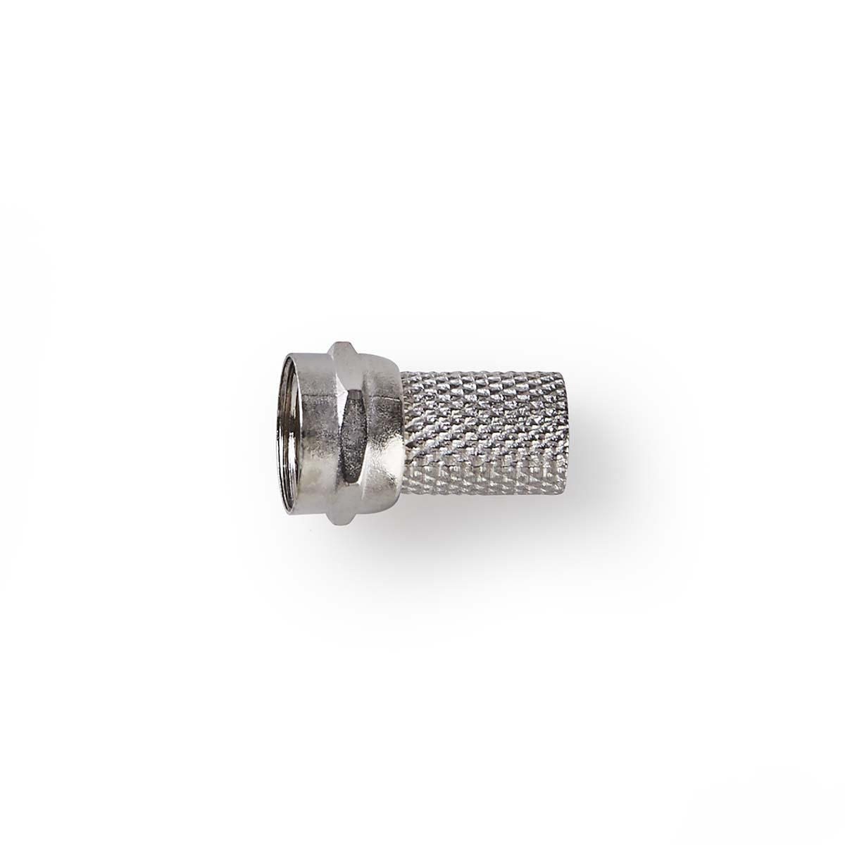 Zilveren F-connector voor coaxkabel op een witte achtergrond.