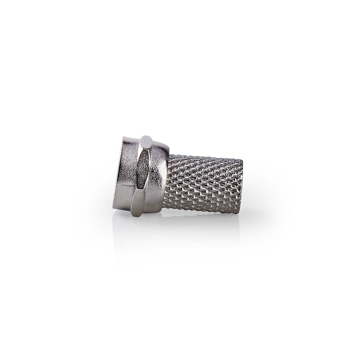 Een zilveren coaxkabelconnector met een mesh-achtige textuur op een witte achtergrond.