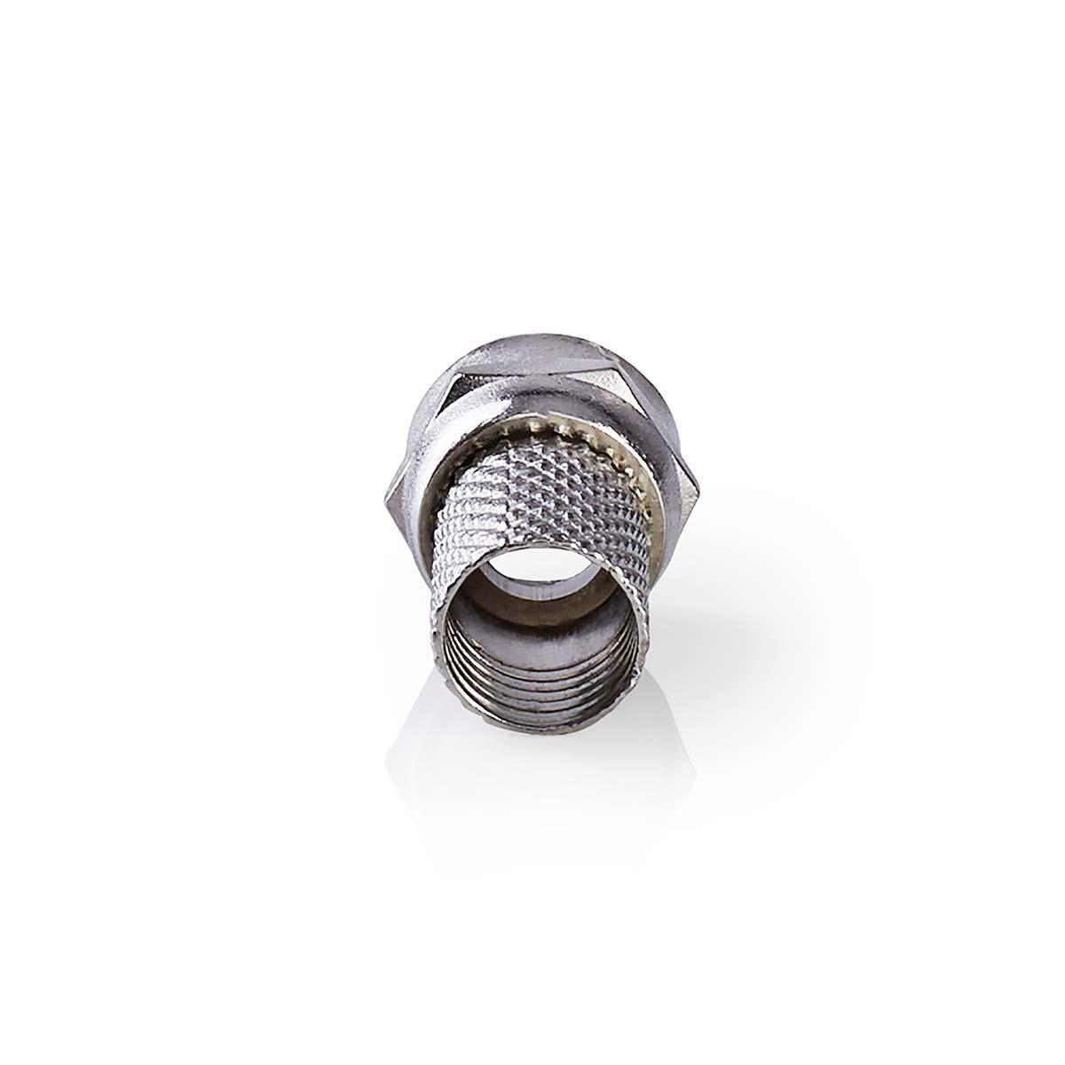 Metalen connector op een witte achtergrond. De connector heeft een schroefdraadring.