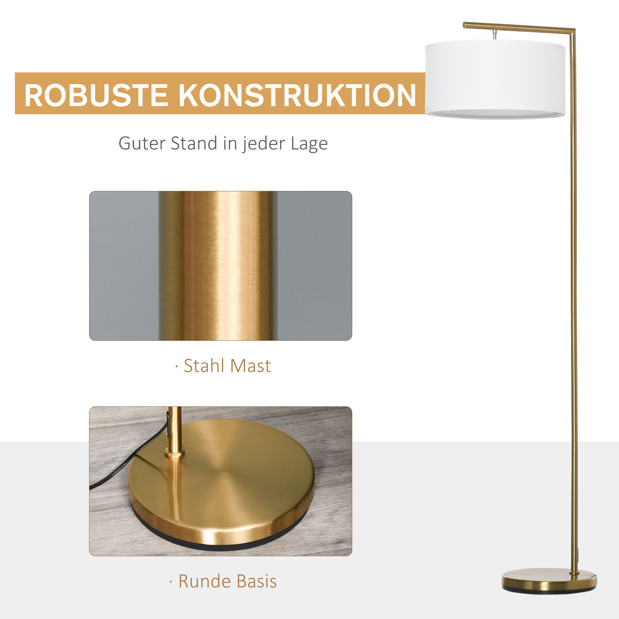 Goldene Stehlampe mit weißem Schirm. Nahaufnahmen zeigen goldene Basis und Stangendetails. Textüberlagerungen.