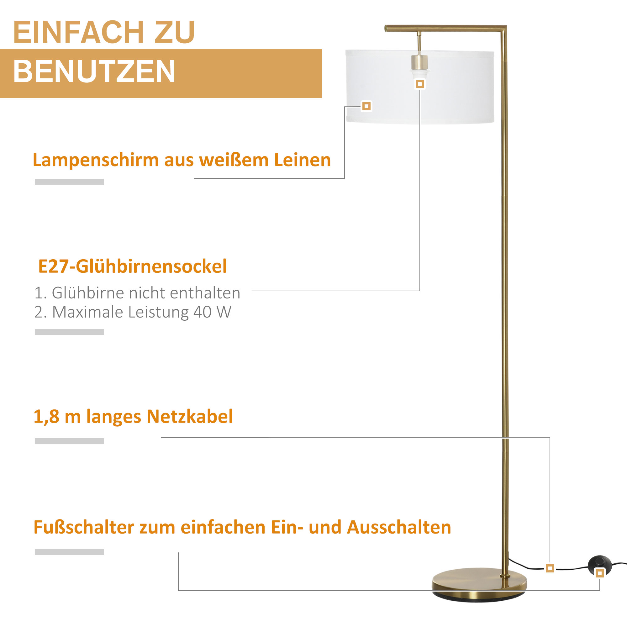 Eine Stehlampe mit weißem Lampenschirm und goldfarbenem Ständer. Deutscher Text.