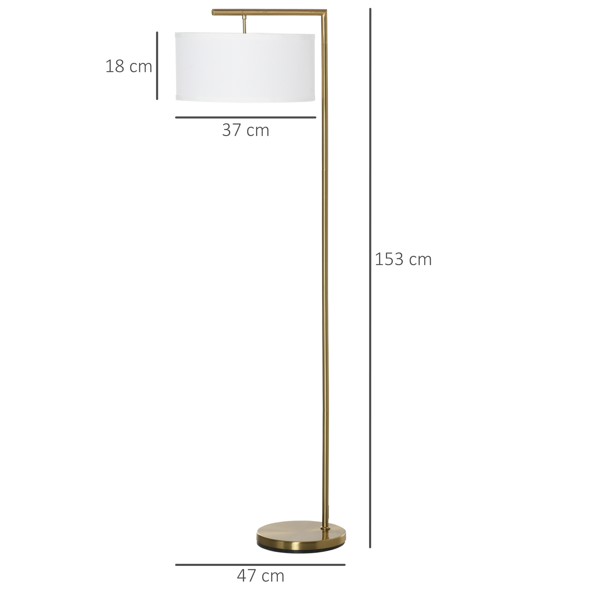 Eine Stehlampe mit weißem Schirm und goldenem Rahmen mit Maßen.