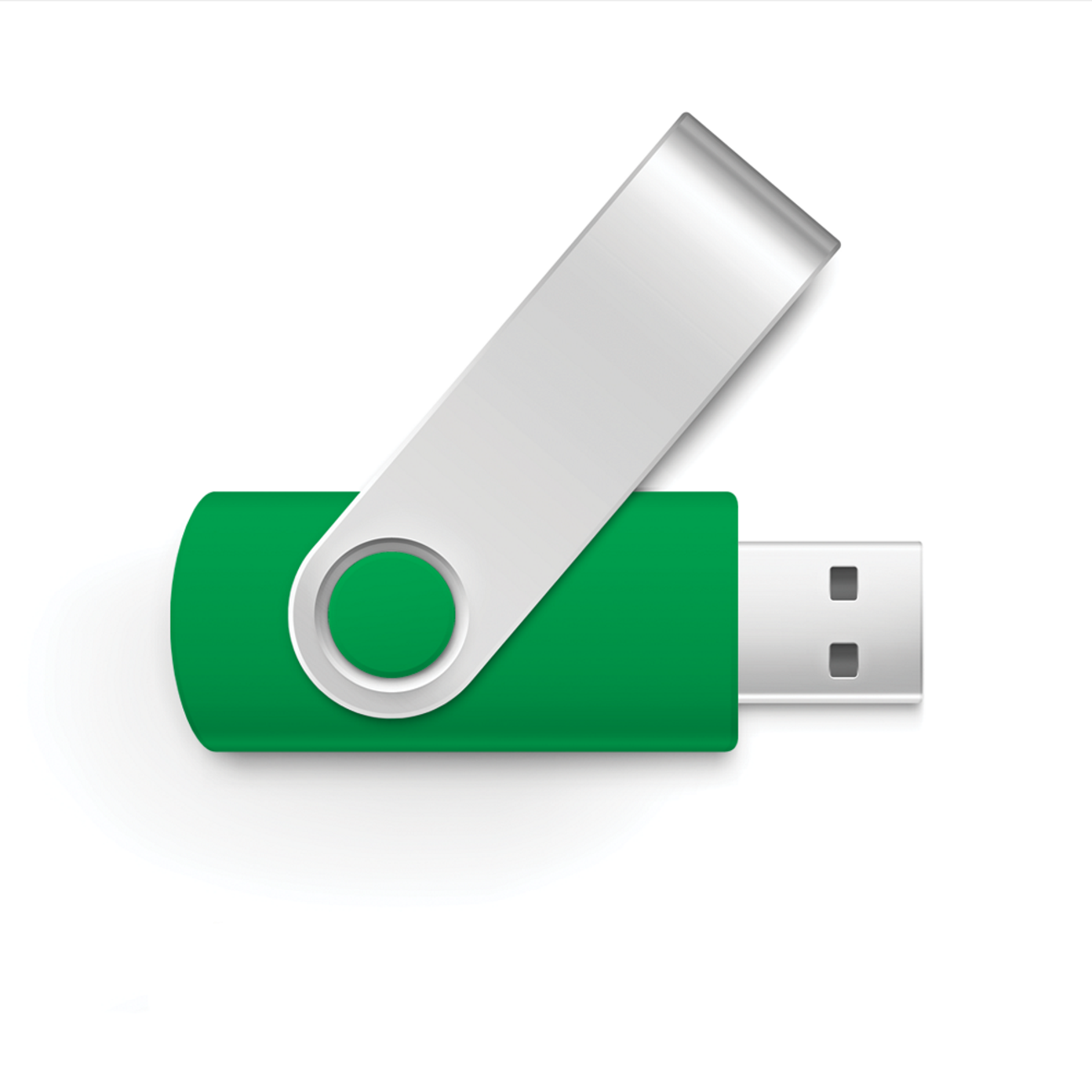 Grüner und silberner USB-Stick auf weißem Hintergrund. Die Kappe ist geöffnet und nach oben geneigt.