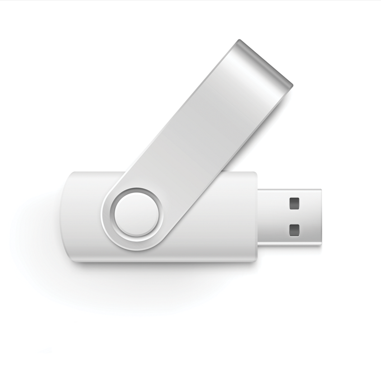 Silberner USB-Stick mit freiliegendem USB-Anschluss, der nach unten zeigt.