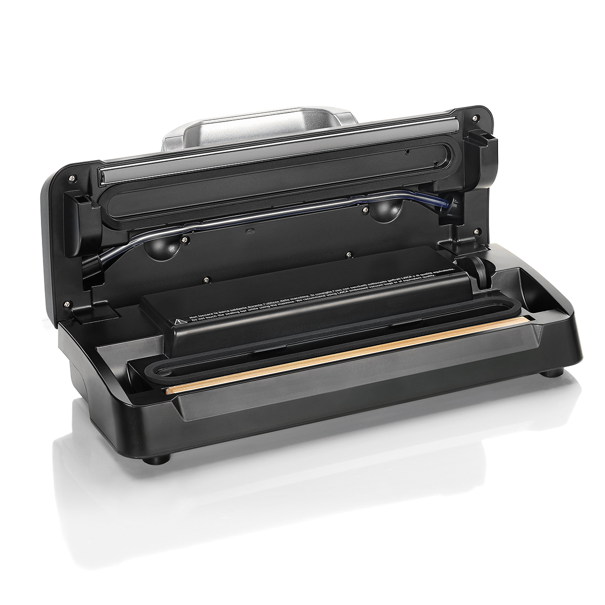 Czarna zgrzewarka próżniowa, otwarta, pokazująca wewnętrzne części.