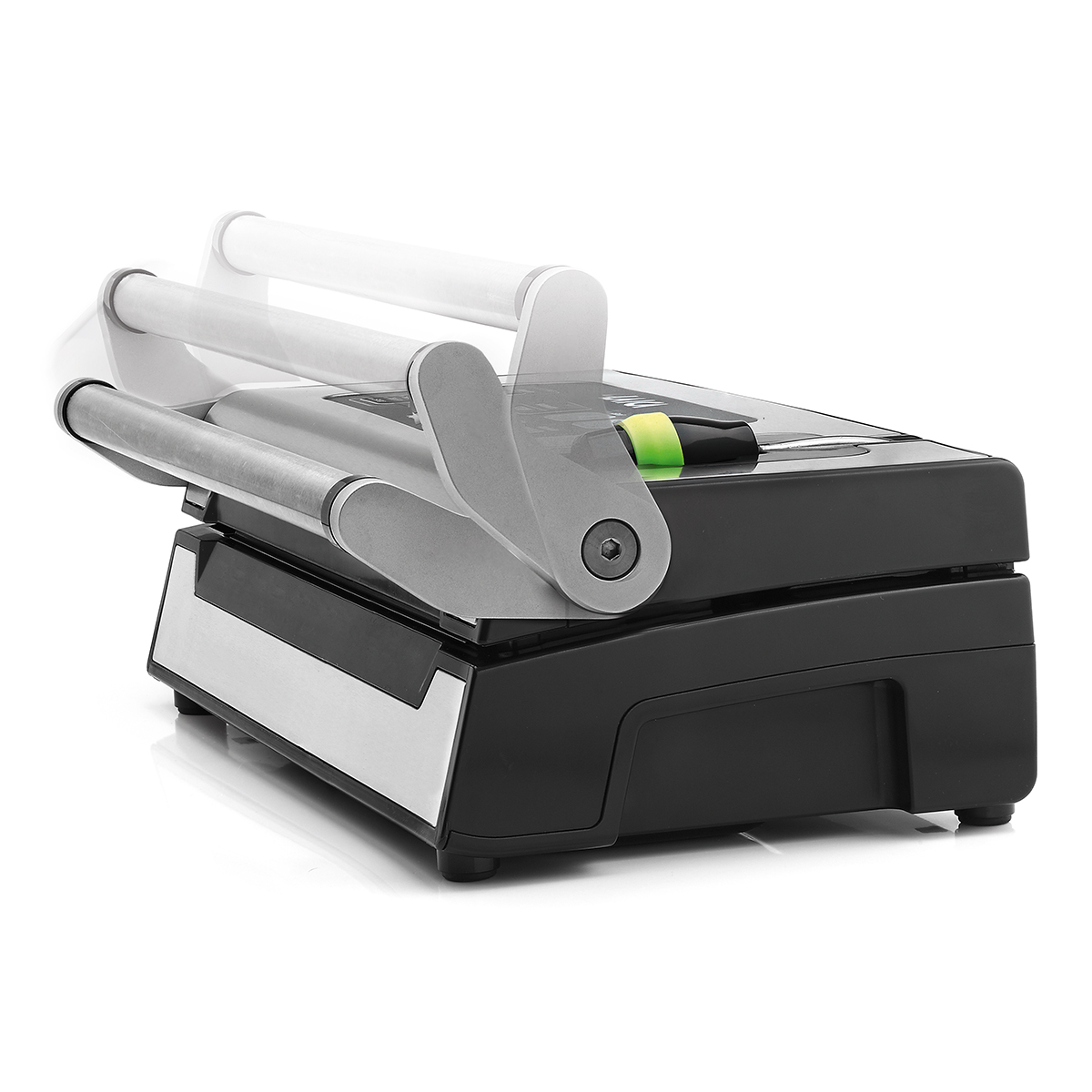 Czarna i srebrna prasa do panini, z zielonym przyciskiem, na białym tle.