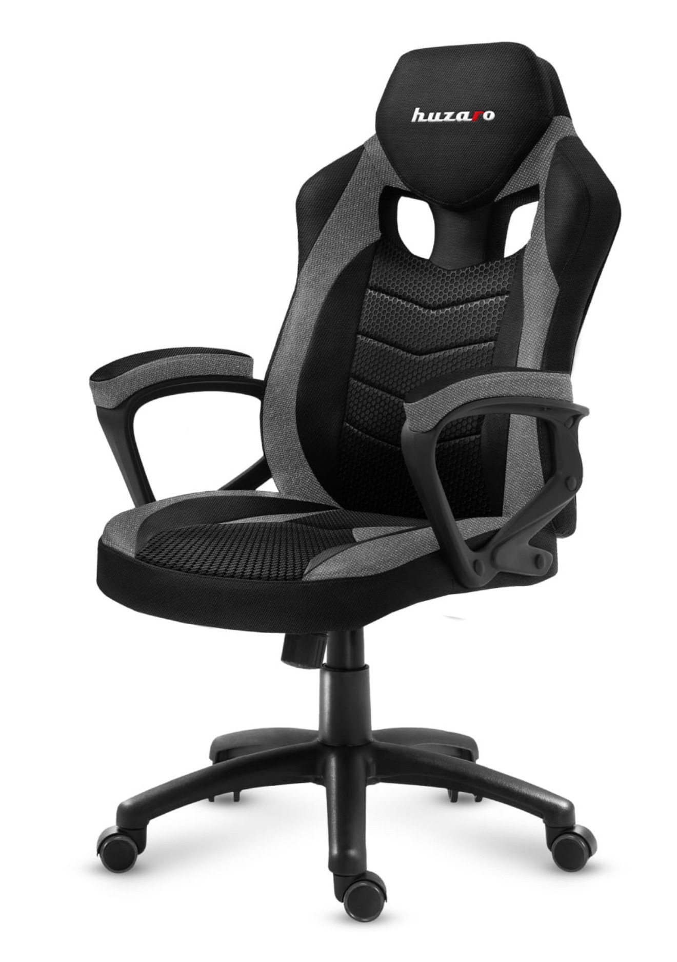 Czarno-szary fotel gamingowy na białym tle.