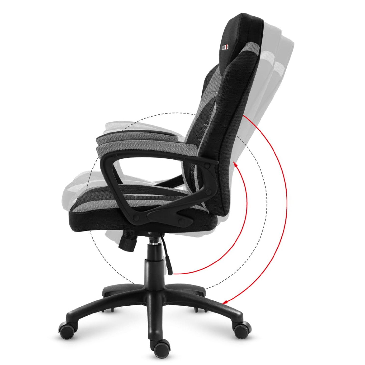 Krzesło gamingowe, czarne i szare, z regulacją pochylenia i podłokietników.