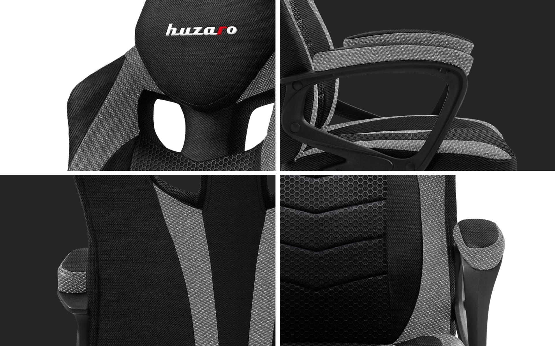 Zbliżenie na części fotela gamingowego w czerni i szarości, z tekstem: huzaro.