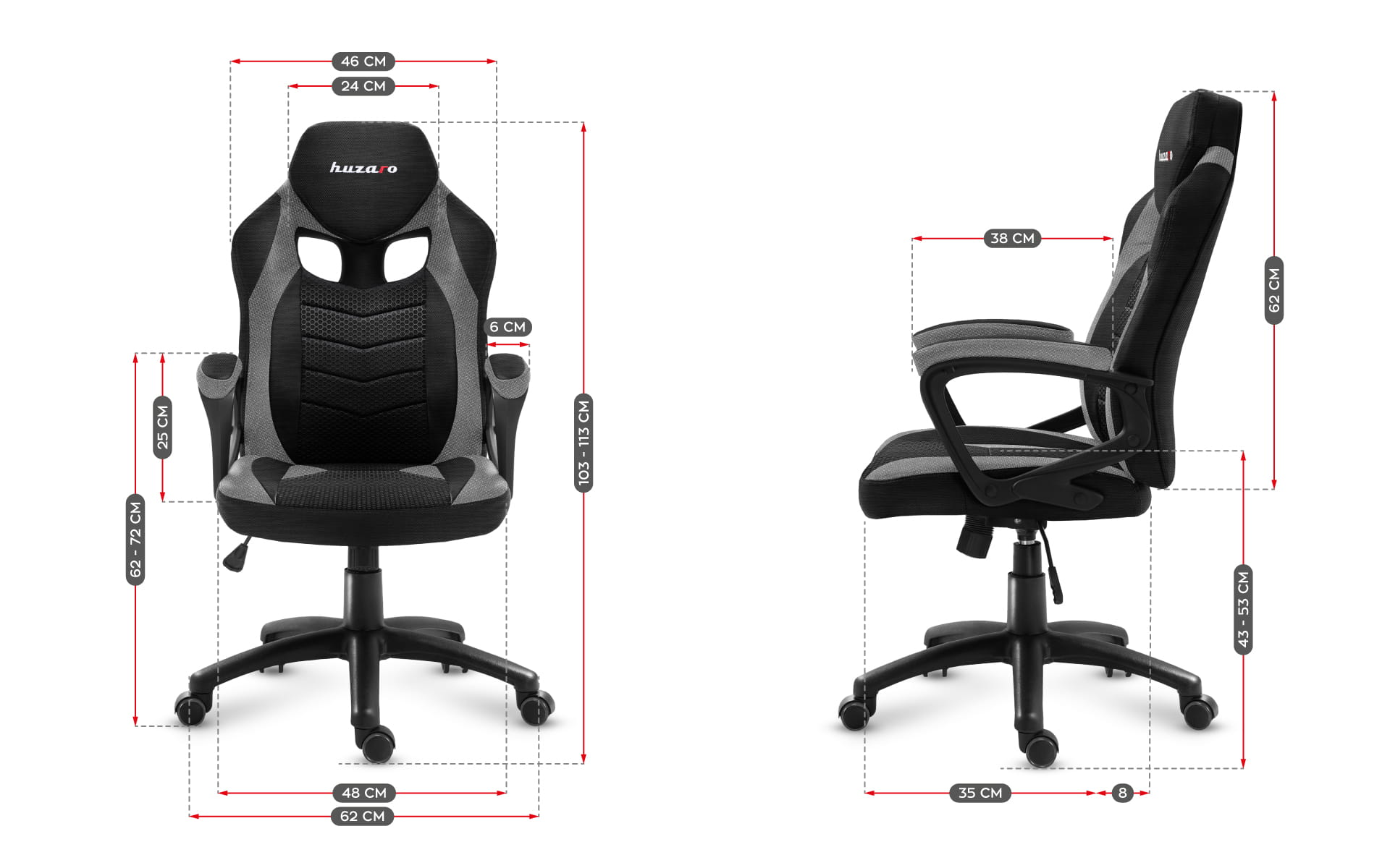 Czarny i szary fotel gamingowy z oznaczonymi wymiarami. Jest na białym tle.