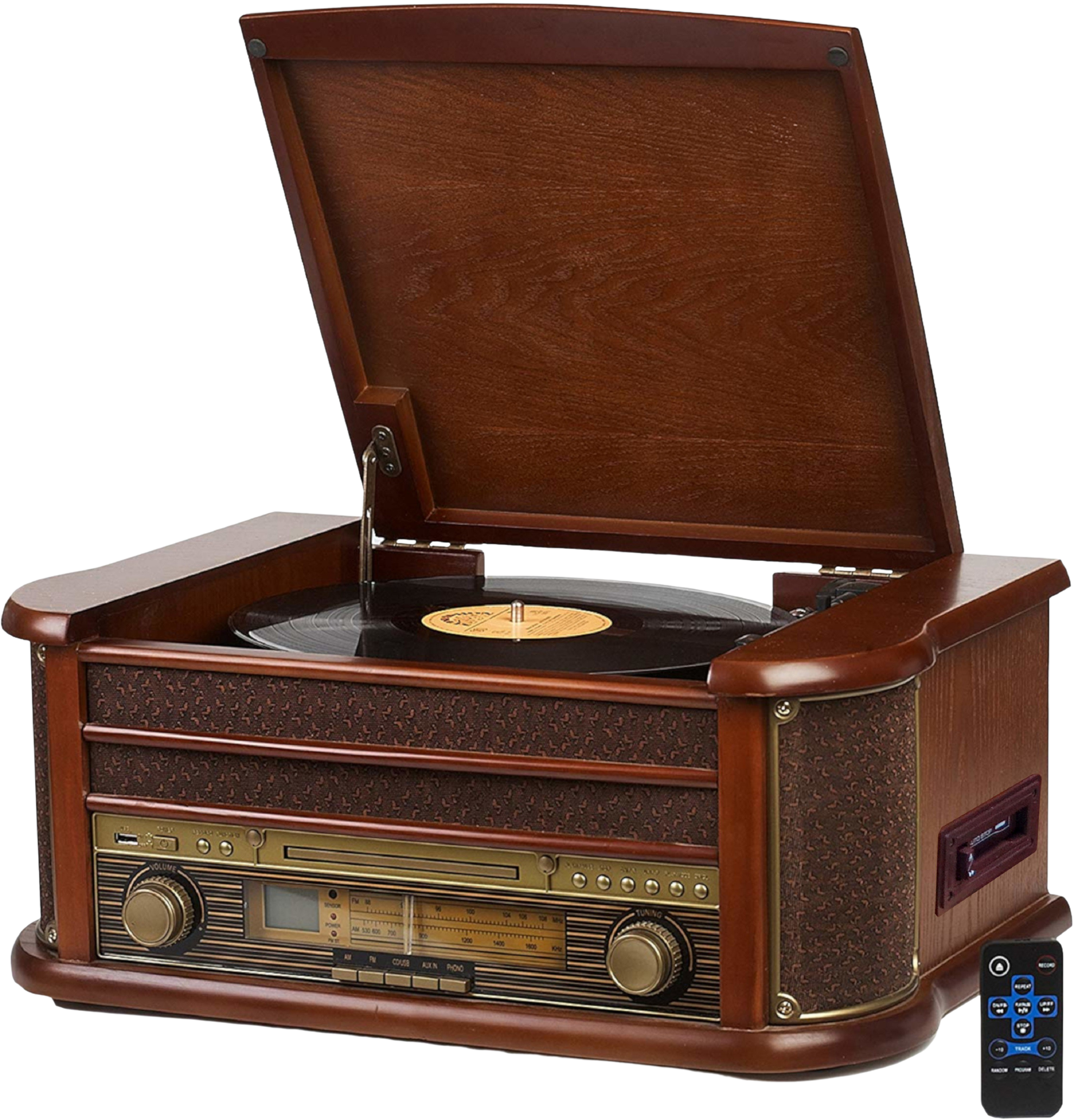 Retro-Plattenspieler aus Holz mit offenem Deckel, Schallplatte und Fernbedienung.