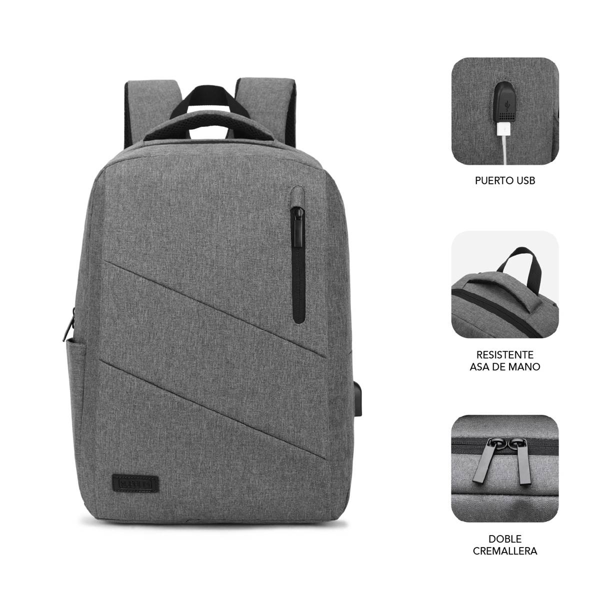 Mochila gris con bolsillo con cremallera y puerto USB. Incluye detalles del asa y cremalleras.