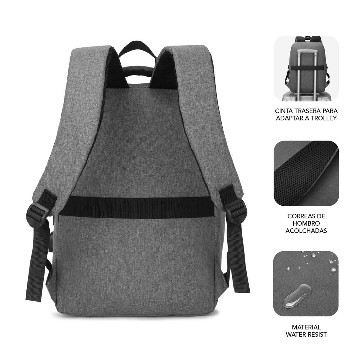 Mochila gris con detalles de correas, resistencia al agua y correa para trolley en la parte trasera.