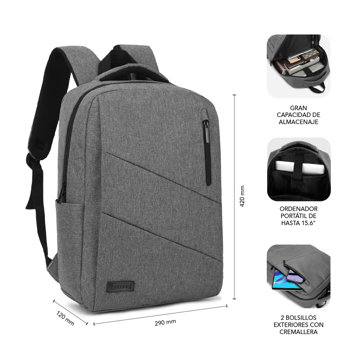 Mochila gris con cremalleras negras. Incluye gran capacidad, compartimento para portátil y dos bolsillos.