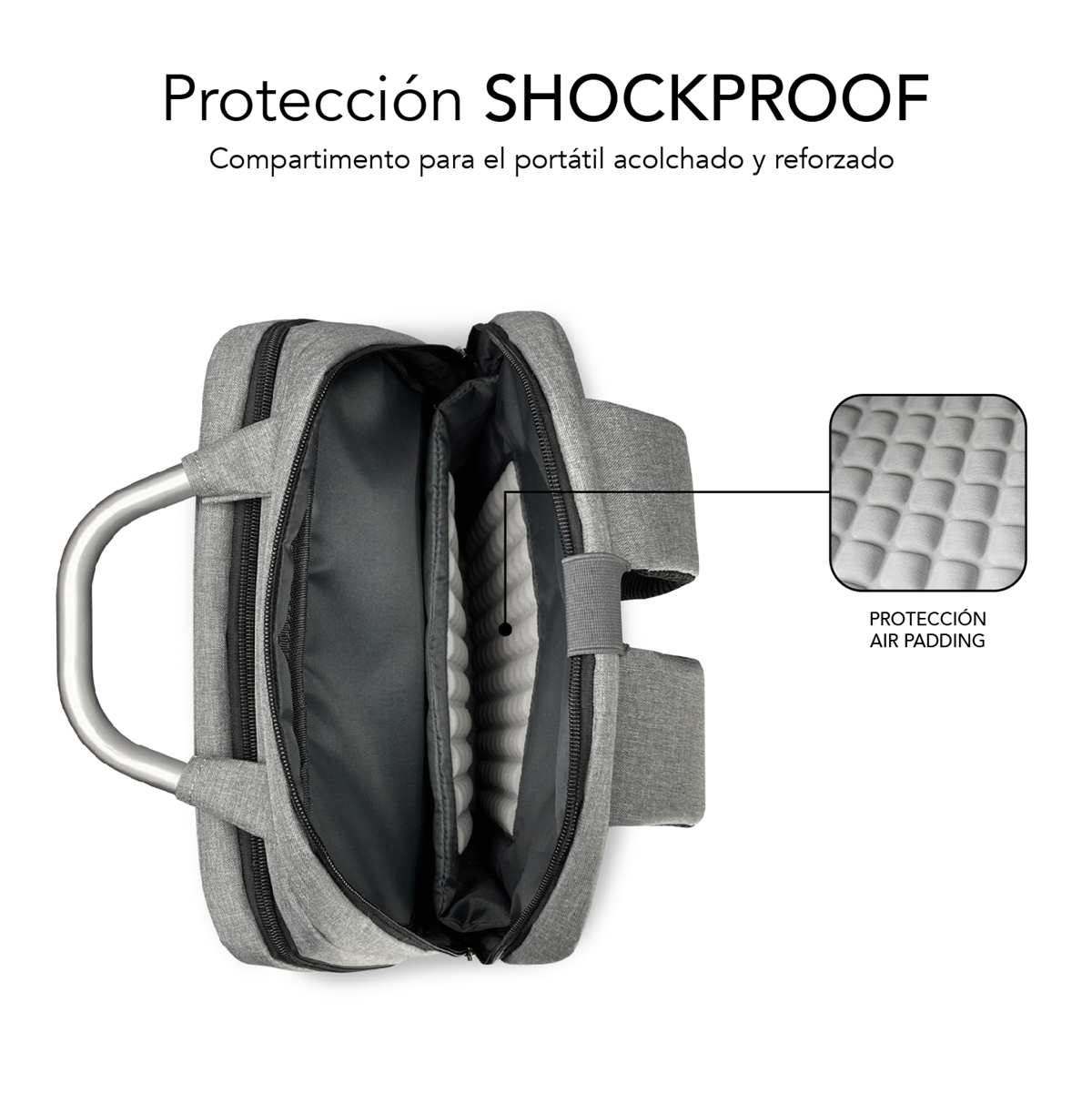 Bolsa gris para portátil con interior abierto. Texto: A PRUEBA DE GOLPES, acolchado.