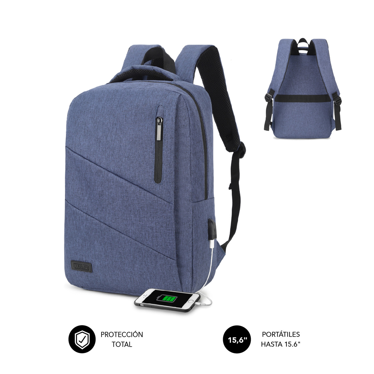 Mochila azul con bolsillo frontal, puerto USB lateral y carga de teléfono.
