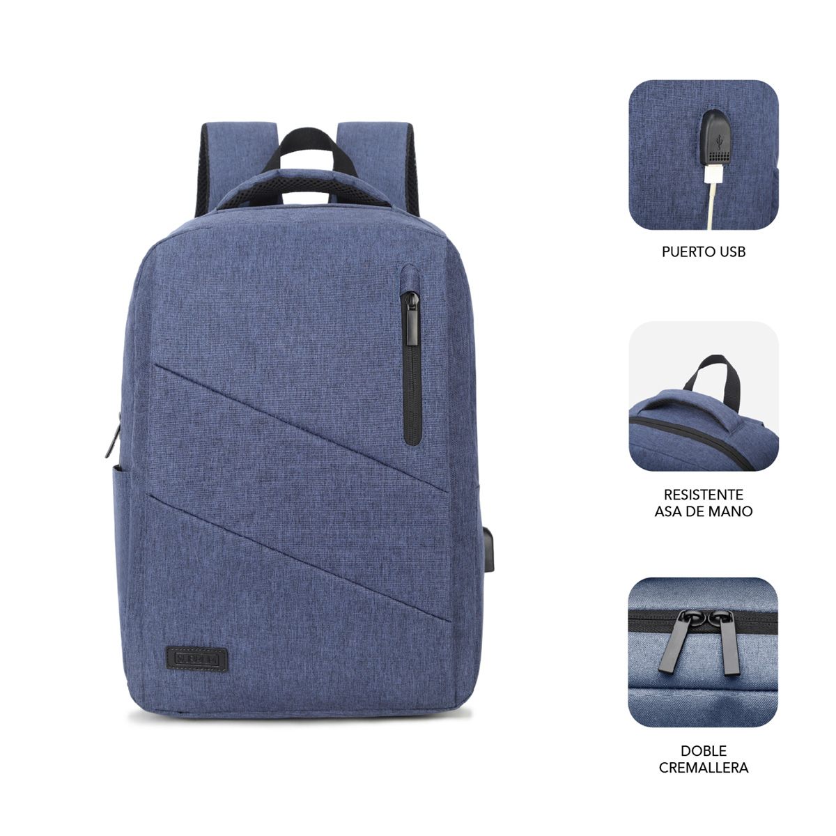 Mochila azul con detalles de puerto USB, asa y cremalleras. Fondo blanco.
