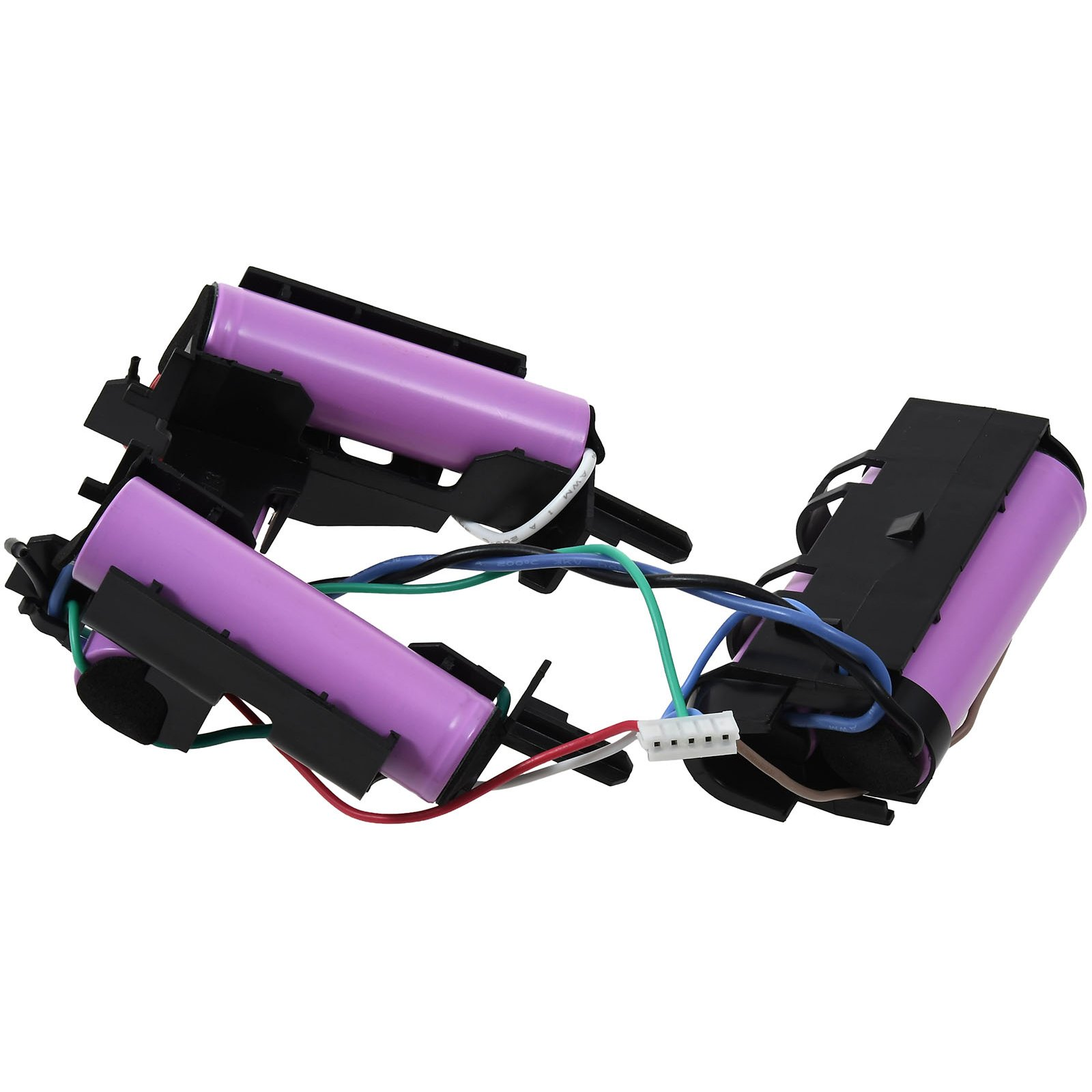 Drei lila Batteriezellen in einem schwarzen Halter mit Drähten.