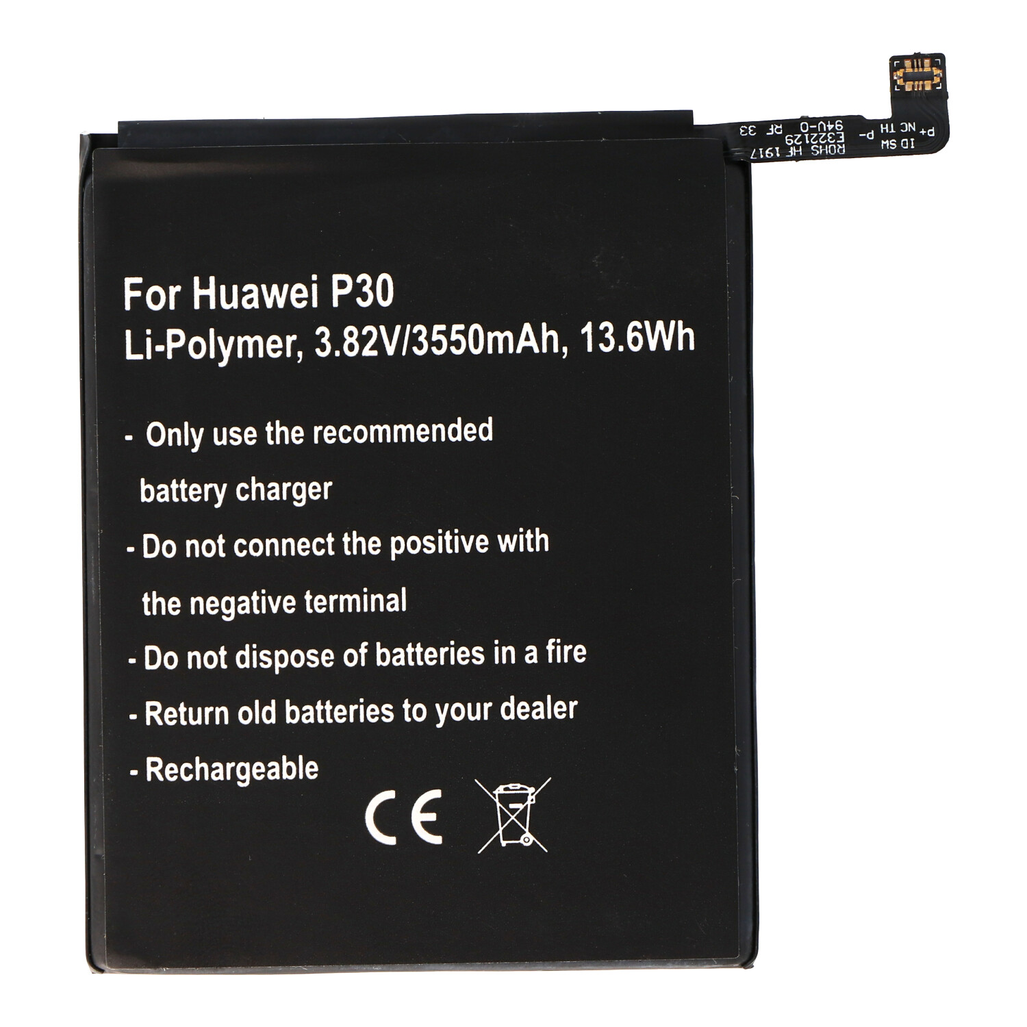 Schwarzes Batterieetikett mit Sicherheitshinweisen für Huawei P30.