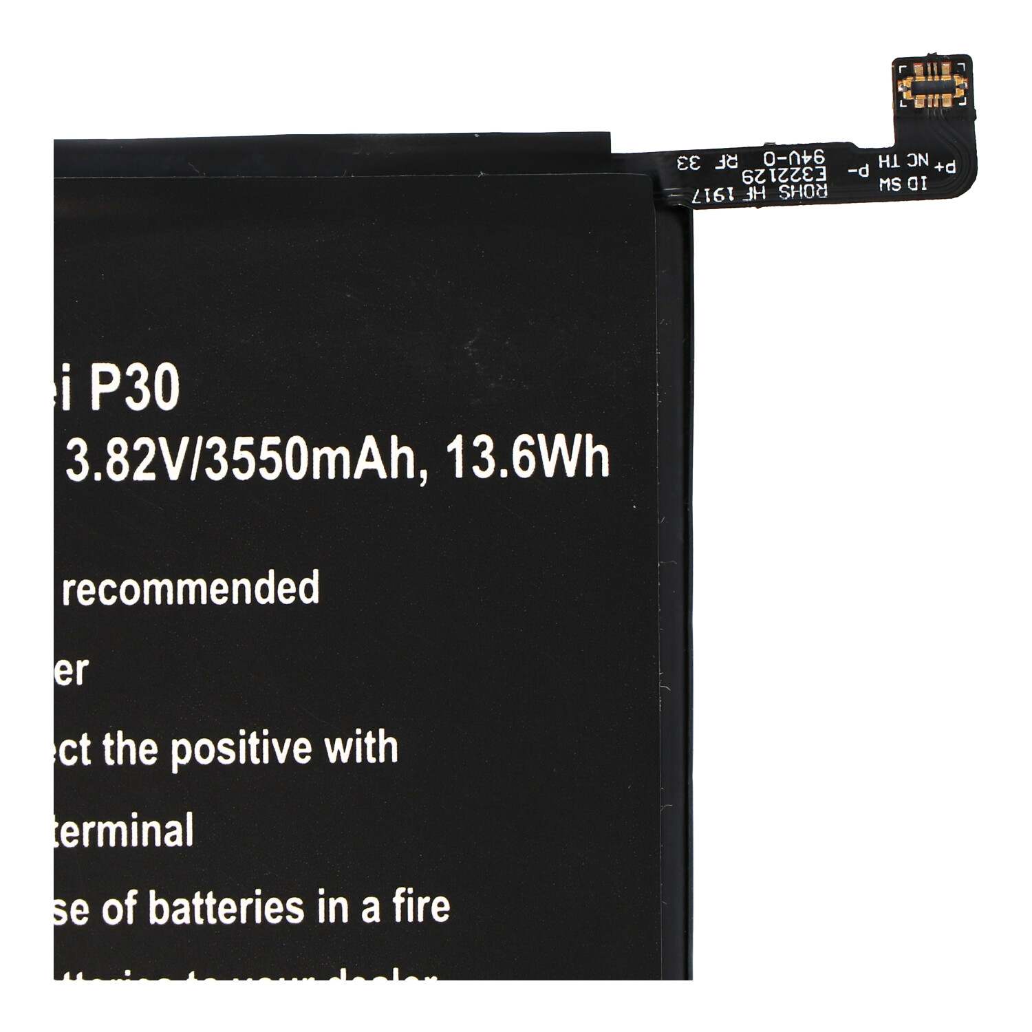 Eine schwarze Batterie mit Text und einer angebrachten Platine auf weißem Hintergrund.