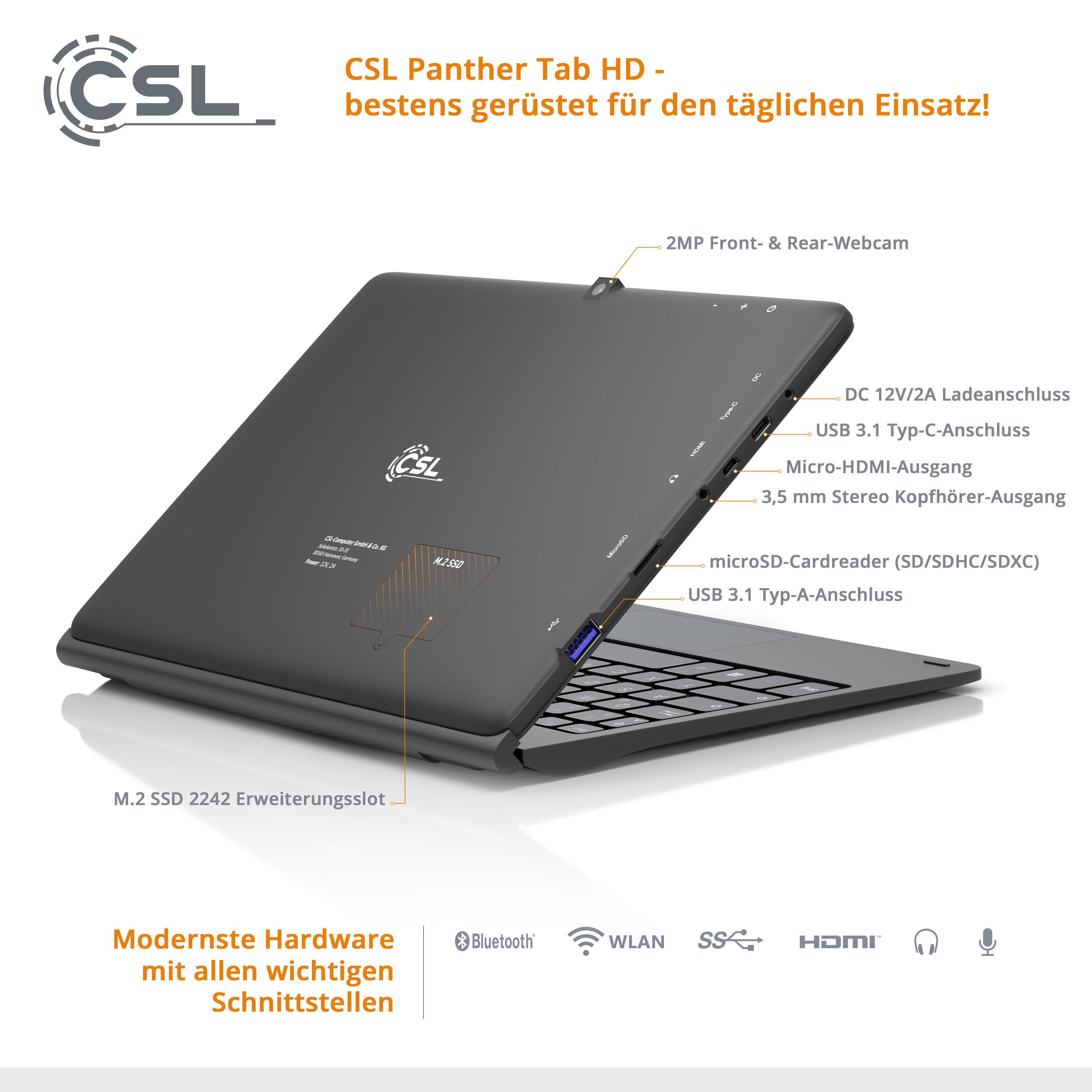 CSL Panther Tab + Tasche, GB, GB schwarz 256 128 10,1 3.1 / Zoll, Win USB HD 11 Tablet, 