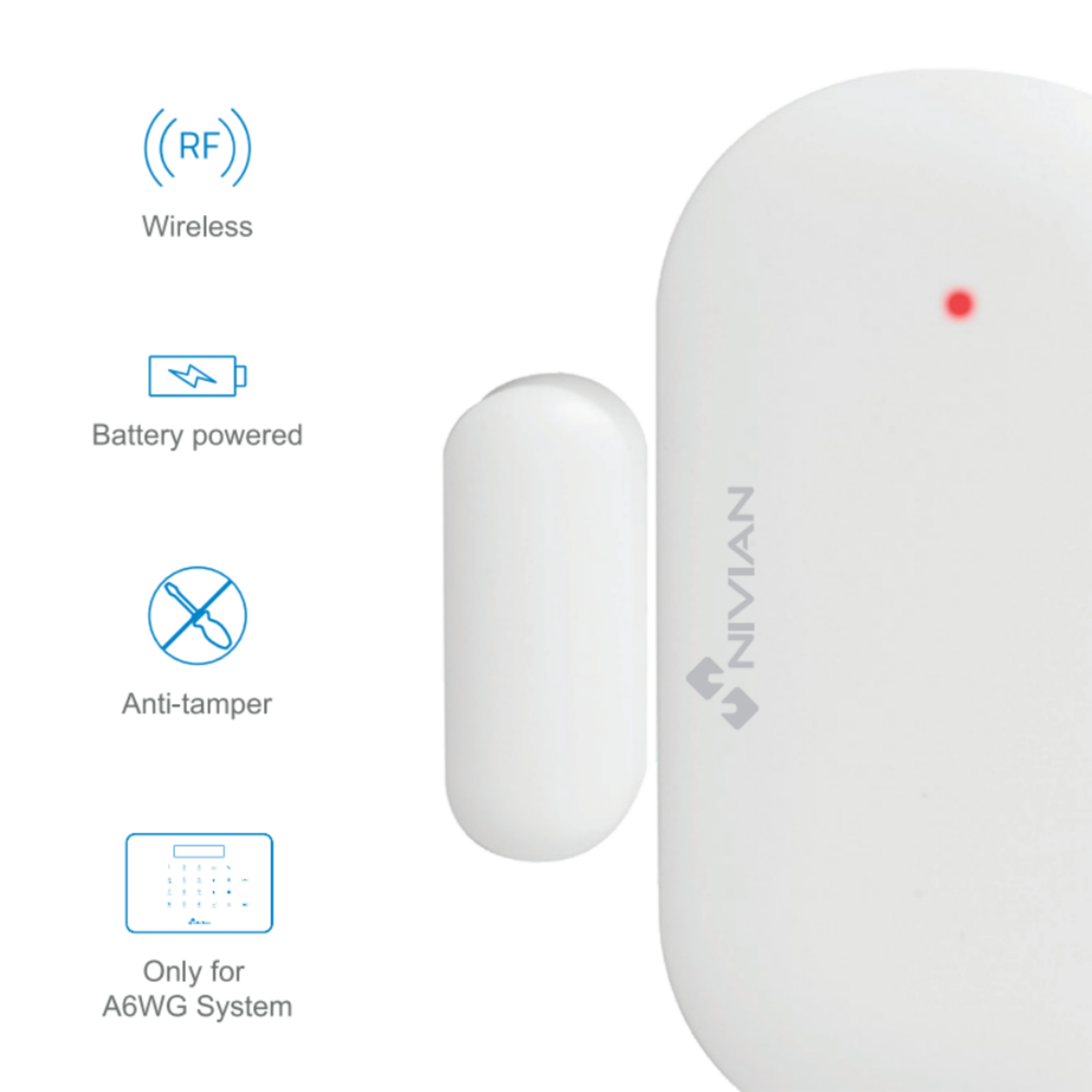 Sensore di sicurezza bianco con icone, inclusi RF, batteria e simboli antimanomissione.