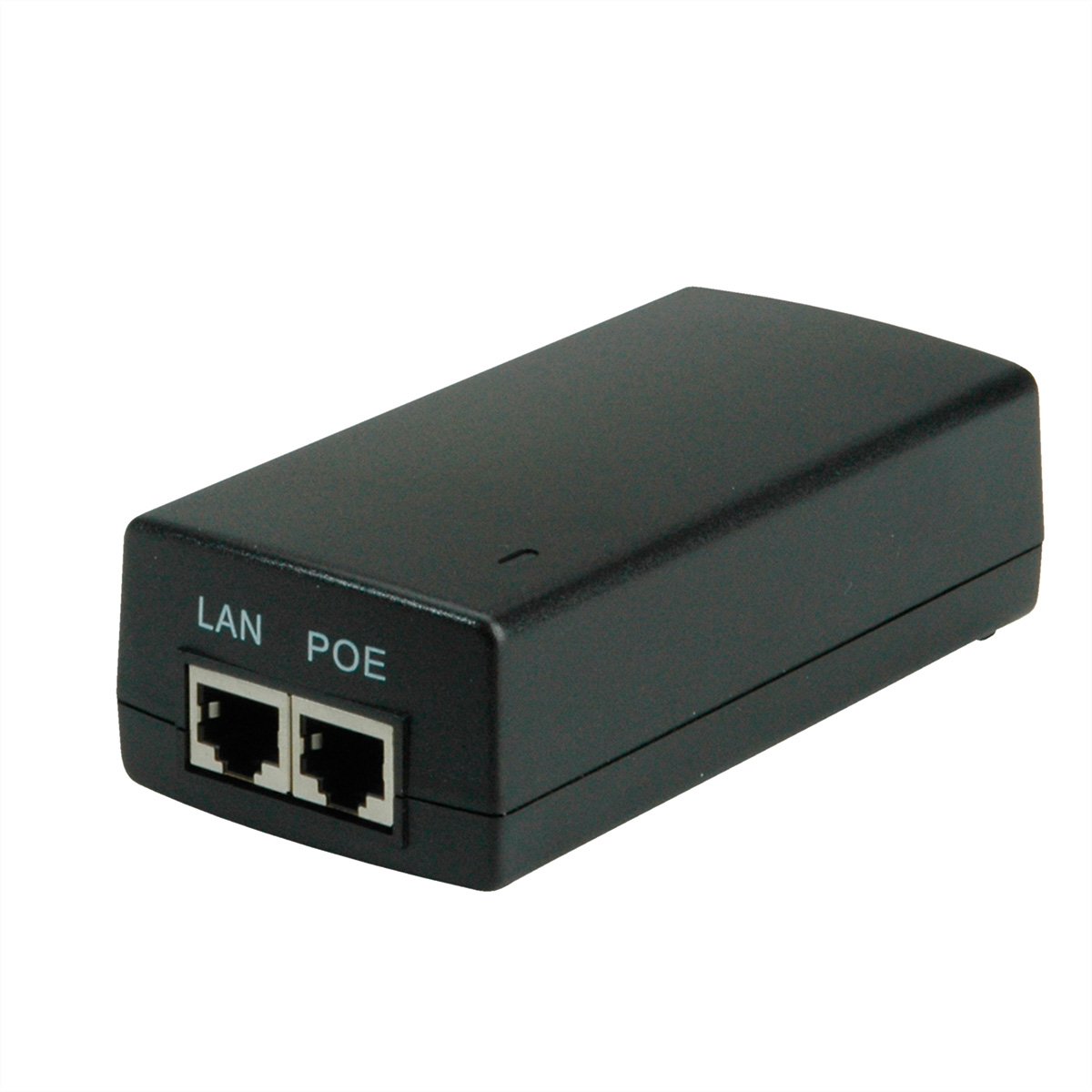 Zwarte LAN POE-adapter met twee poorten. Witte achtergrond.