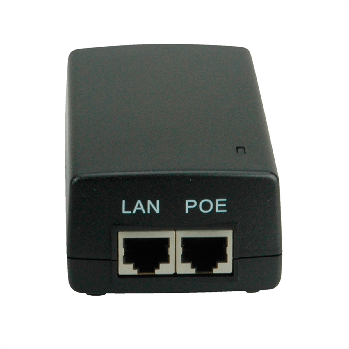 Zwarte LAN POE-adapter met twee RJ45-poorten. Witte tekst 'LAN POE'. Witte achtergrond.