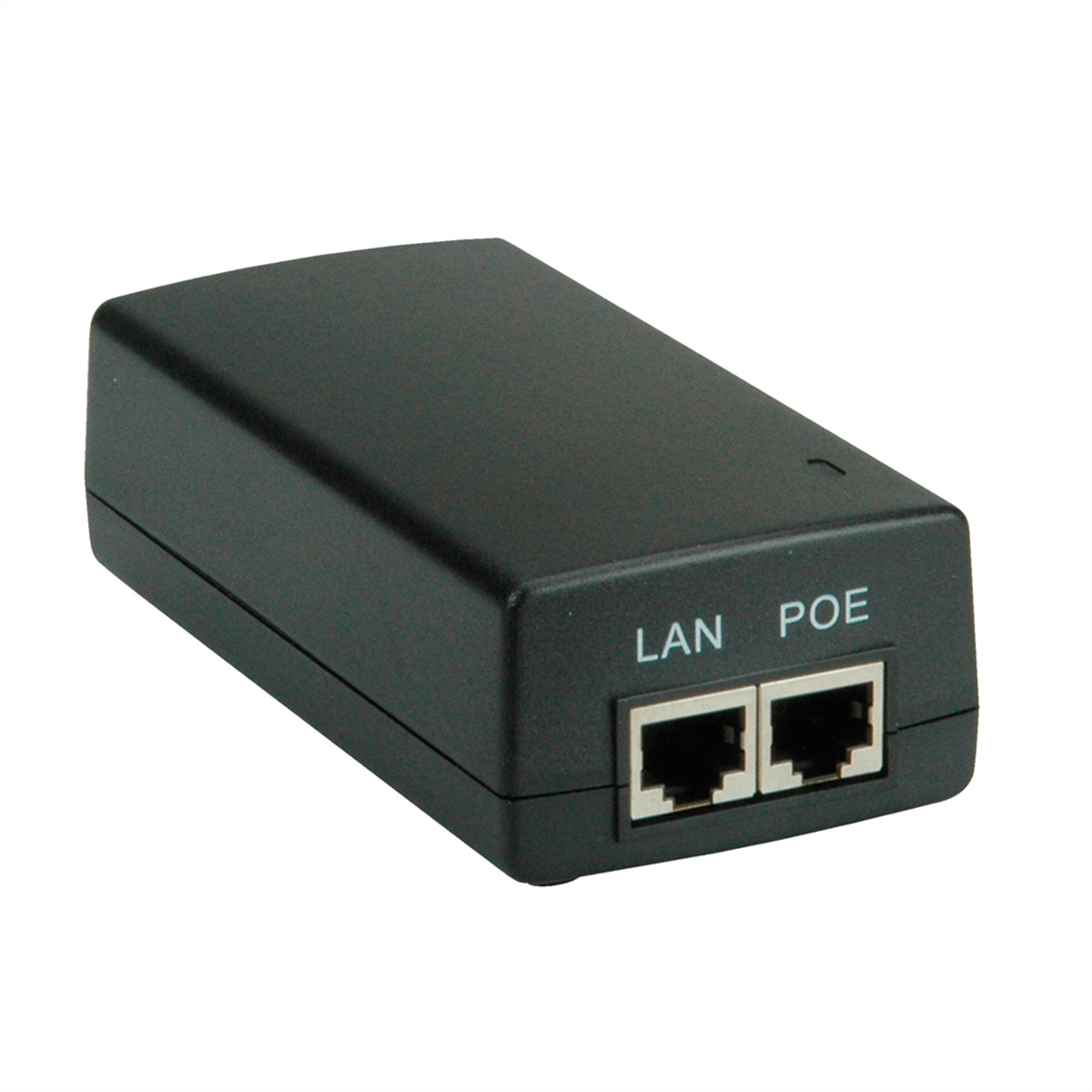 Zwarte LAN- en POE-adapter met twee poorten, op een wit oppervlak.