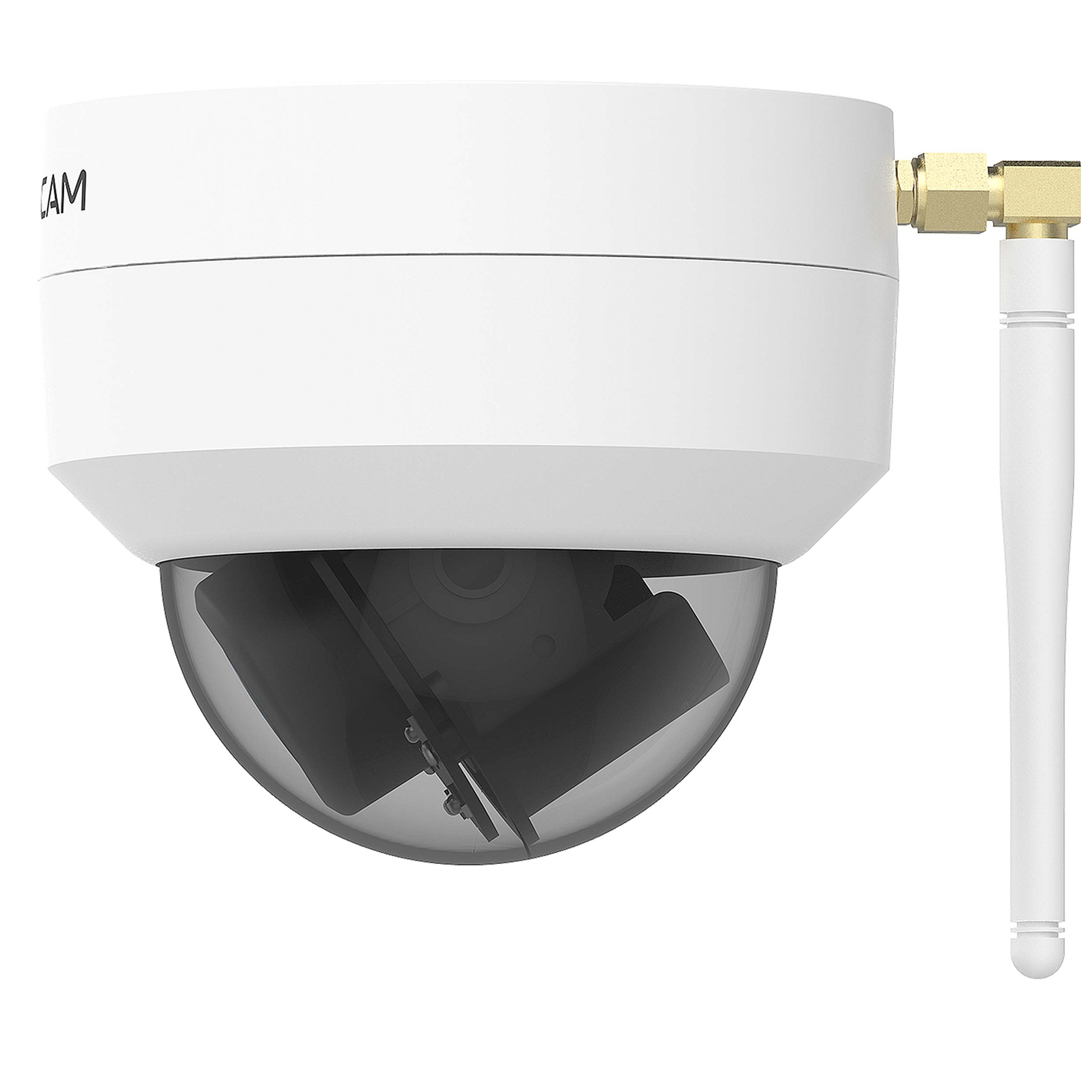 Weiße Überwachungskamera mit Kuppel, Antenne und Goldstecker.