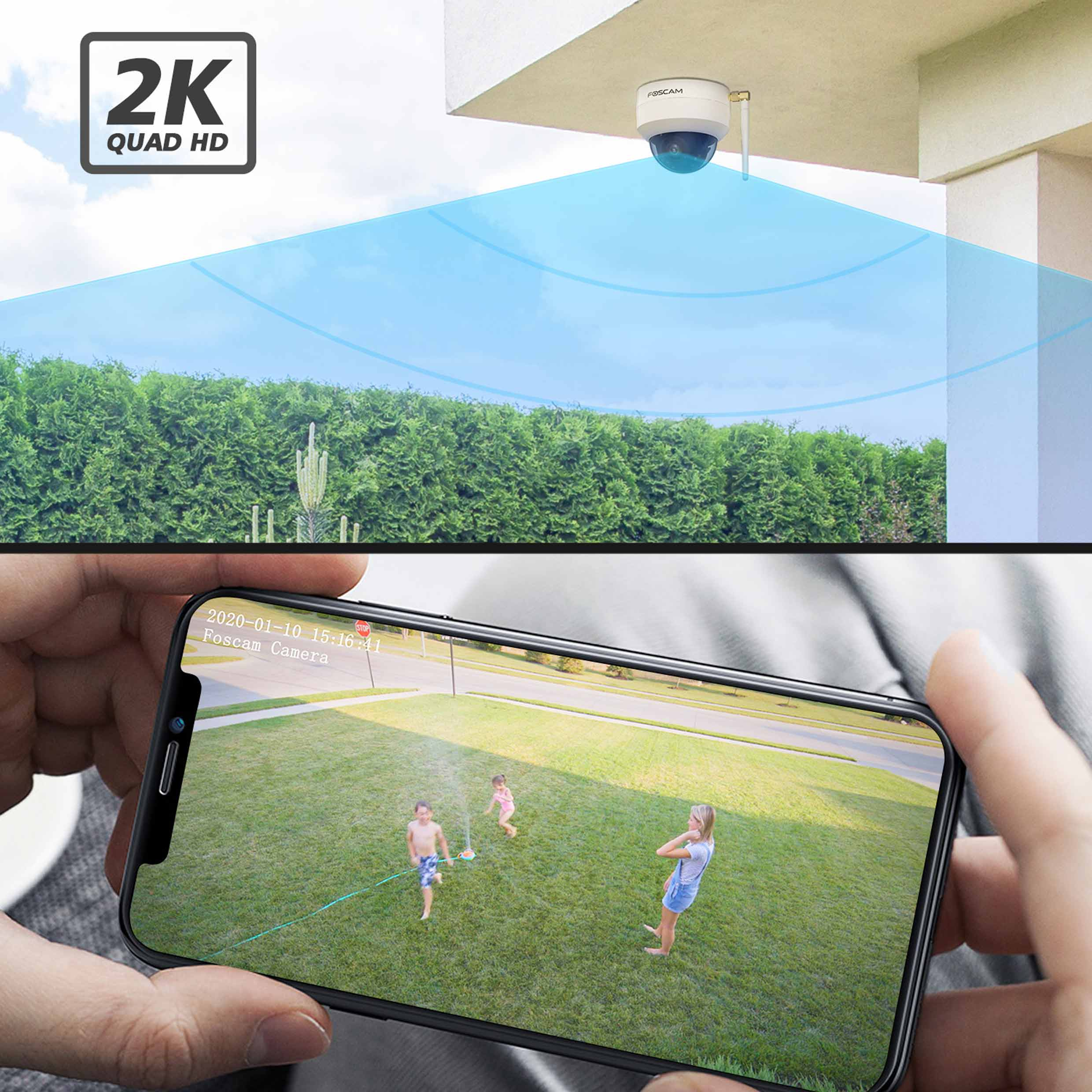 Überwachungskamera an einem Haus und eine Person, die ein Telefon hält, das einen Live-Feed zeigt.