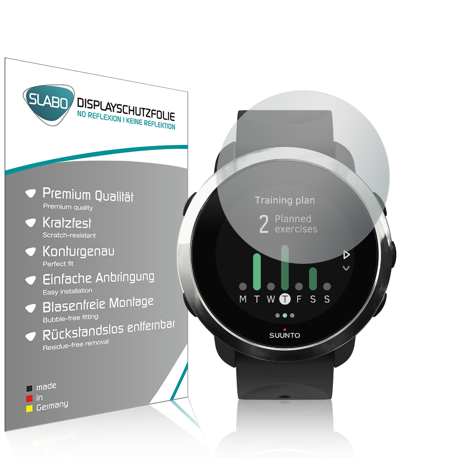 Eine Smartwatch auf weißem Hintergrund mit Displayschutzfolie und Textbeschreibungen.