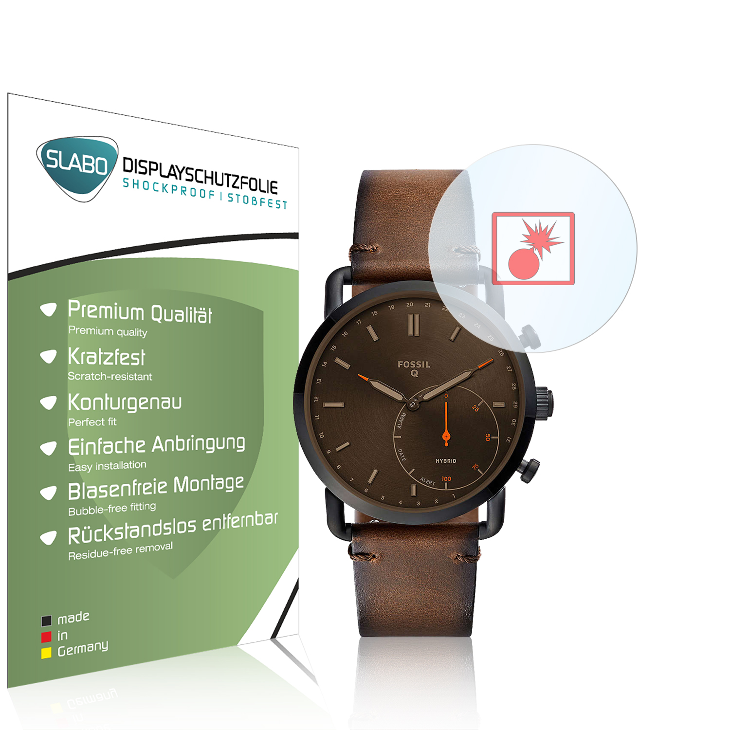 Uhr mit braunem Armband und eine Displayschutzfolienverpackung. Text auf der Verpackung.