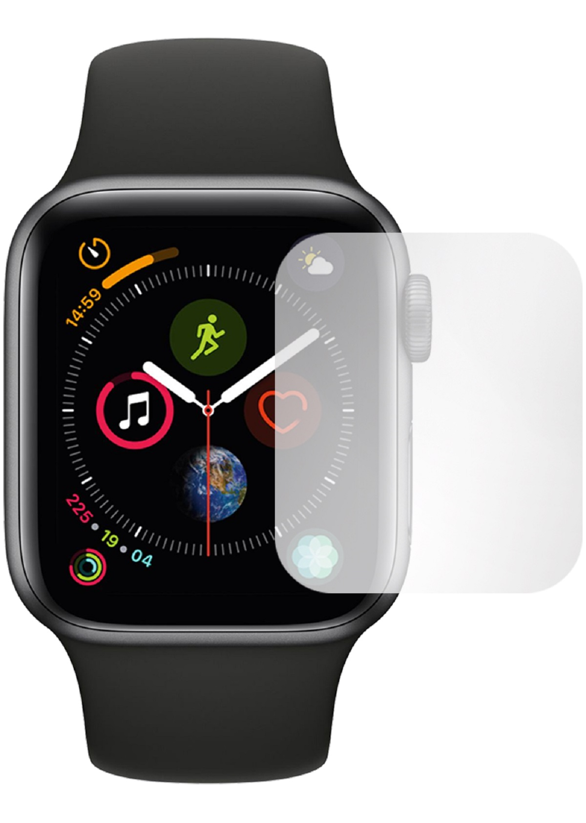 Eine schwarze Smartwatch mit Displayschutz. Die Uhr zeigt Zeit- und Aktivitätsdaten an.