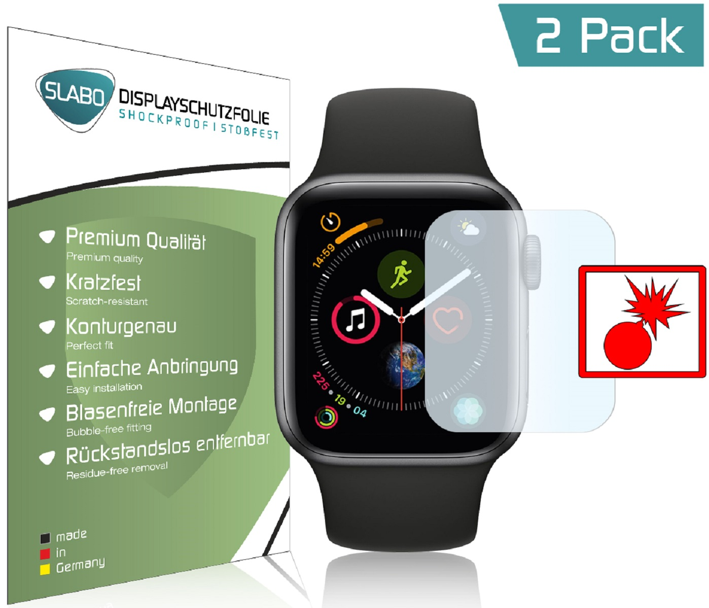 Schwarze Apple Watch mit Displayschutzfolie und einer Packung Displayschutzfolien im Hintergrund.