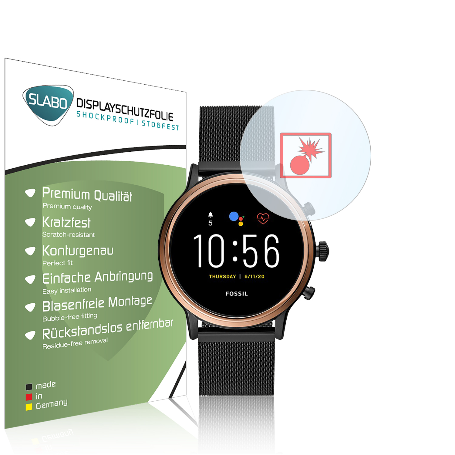 Smartwatch mit Displayschutz. Die Uhr zeigt Zeit und Datum. Schutzfolie mit Logo und roter Explosion.