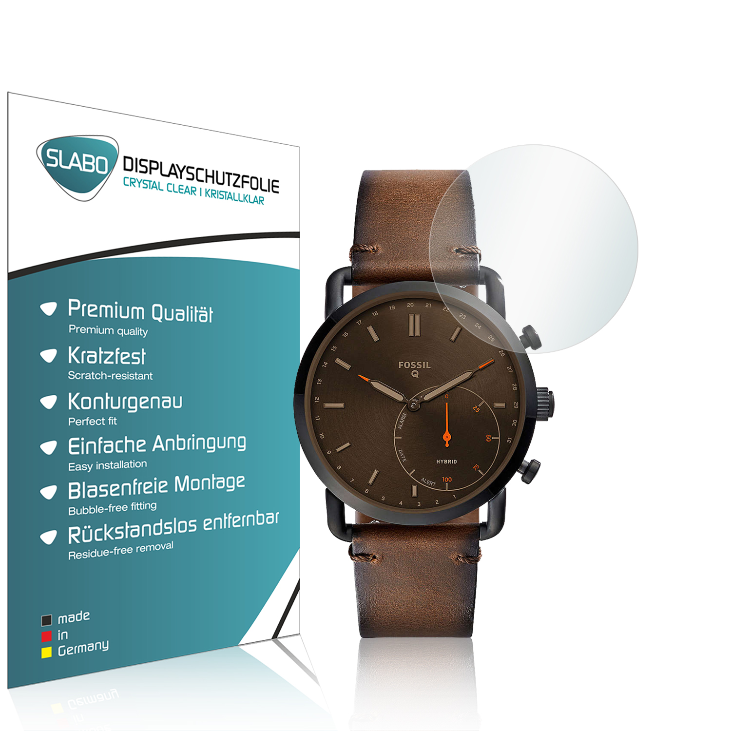 Eine Uhr und ein Displayschutz mit Details zu seinen Eigenschaften.
