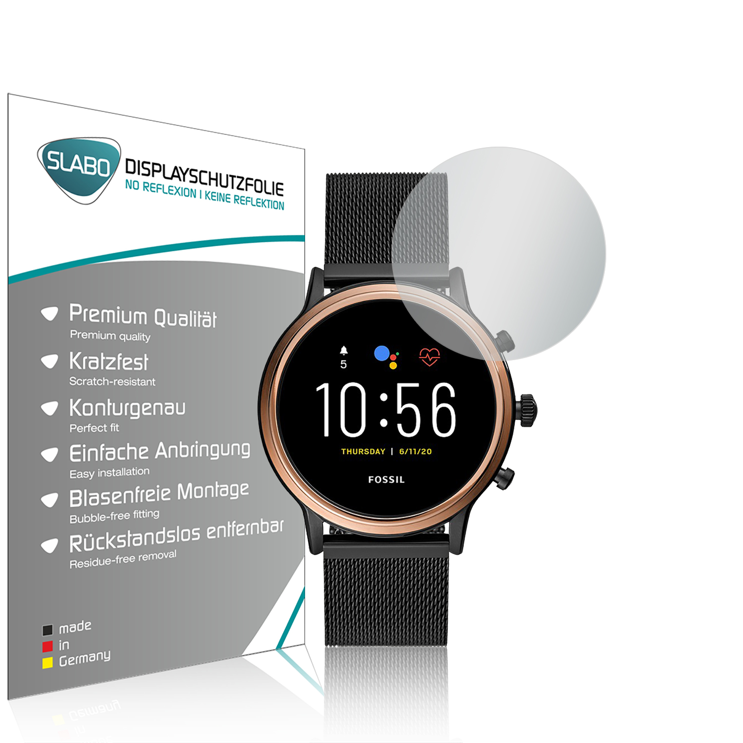 Smartwatch mit schwarzem Mesh-Armband, Displayschutzfolie und Text auf weißer Oberfläche.