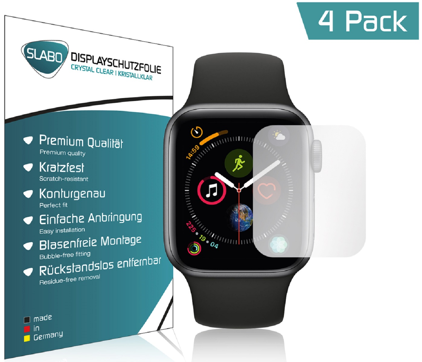 Apple Watch mit Displayschutz und eine Box mit Text zum Produkt.