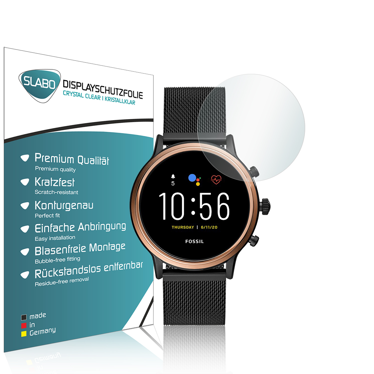 Eine Smartwatch mit einem Displayschutz und Details zu ihren Funktionen.