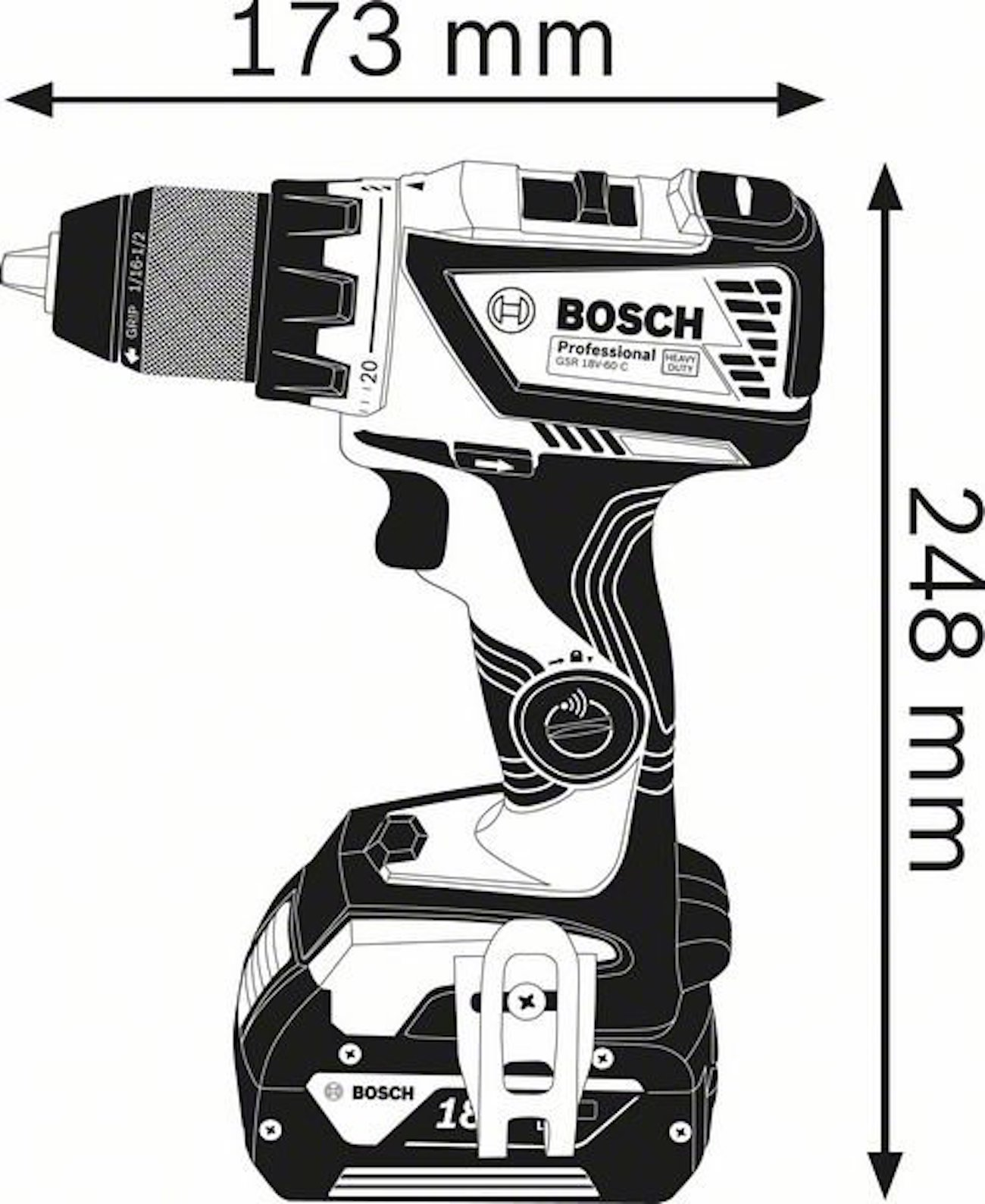 Trapano Bosch bianco e nero con etichette di misurazione. Ha una batteria collegata.
